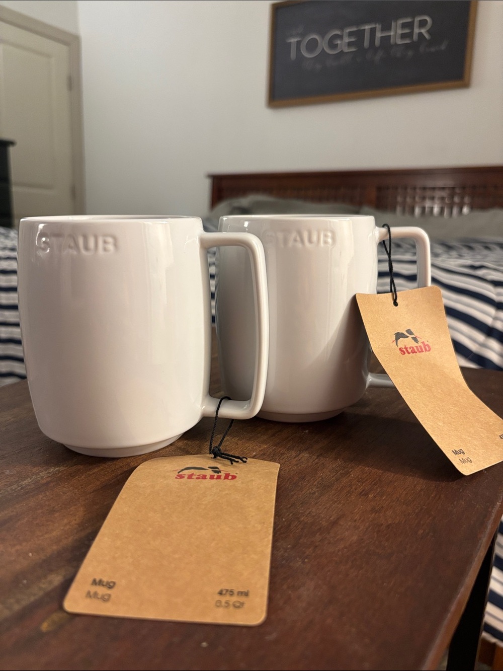 Staub White Ceramic Mugs with Embossed Logo - Pair